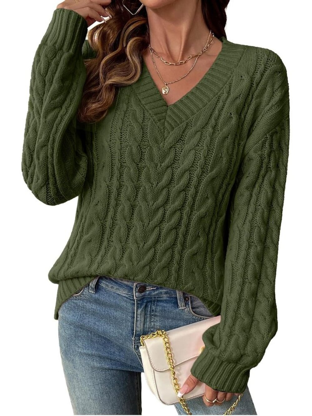 Women's Green Lightweight V Neck Cable Knit Sweater Fall Outfits Sweaters